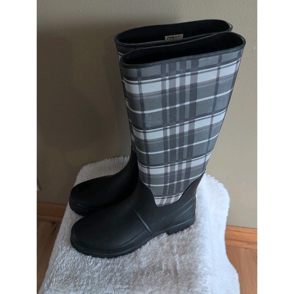 Lauren Ralph Lauren Bethania Rain Welly Rubber Boots Black White Plaid 10 - Picture 3 of 7